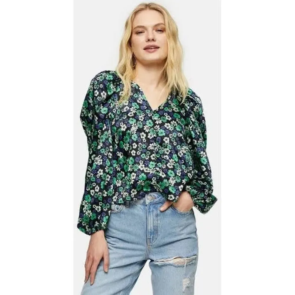Topshop - Floral Puff Sleeve Blouse - Green and Blue size 2 - Image 7