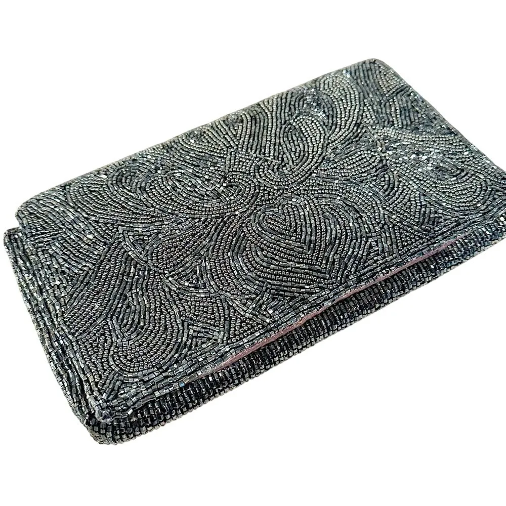 Vintage Beaded Clutch Purse Women's Charcoal Gray Satin Lining Luxury Holiday - Image 1