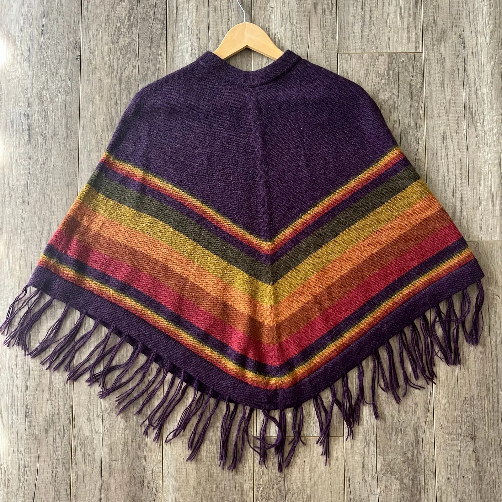 Alpaca Made in Peru Poncho Fringe Purple Stripe Thick Warm Handmade - Image 3