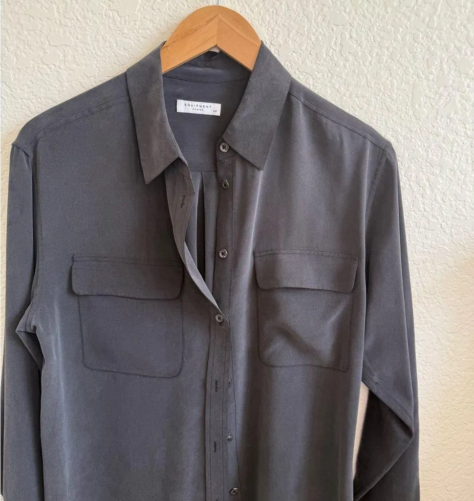 Equipment Femme Signature Silk Long Sleeve Collar Shirt 100% Silk S Black / Gray - Image 4