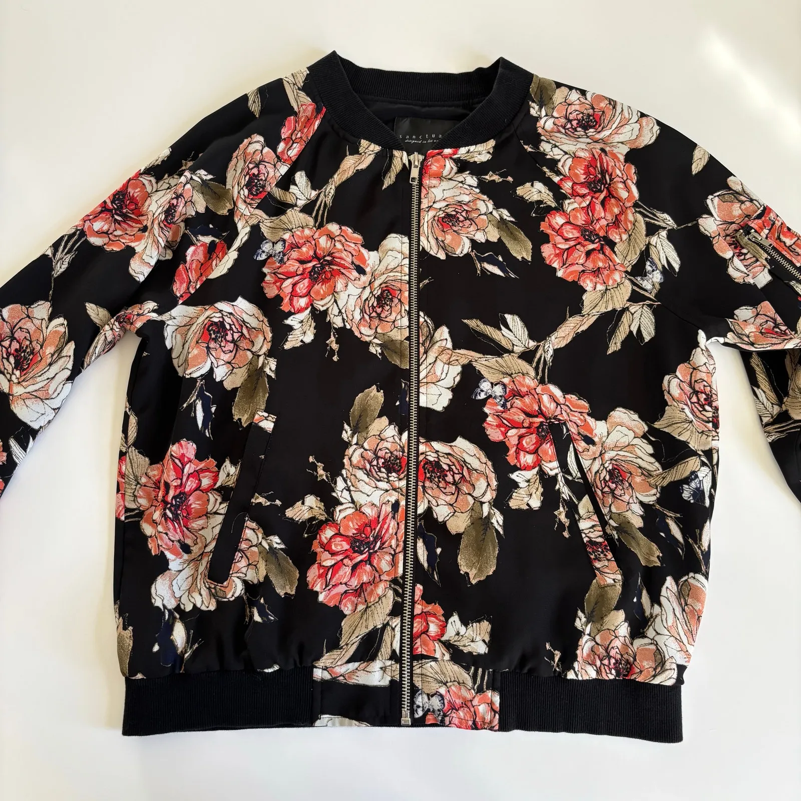 Reworked Apparel RUN DMC Graphic Floral Zip Up Bomber Jacket Women’s Large ooak - Image 4