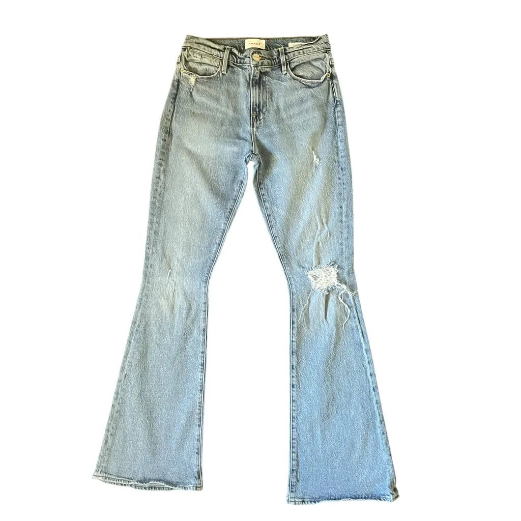 FRAME denim Le High Flare distressed “Crystal Shores Rips” light wash jeans - Image 3