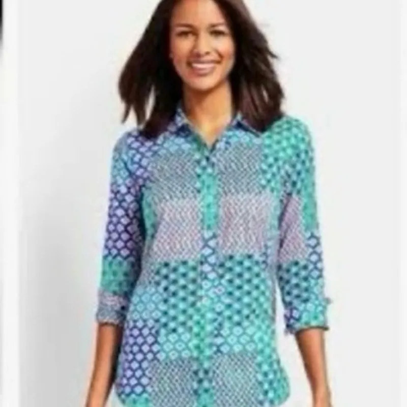 Talbots Floral Tulip Patchwork Colorful Long Sleeve Button Shirt EUC Sz S Petite - Image 11