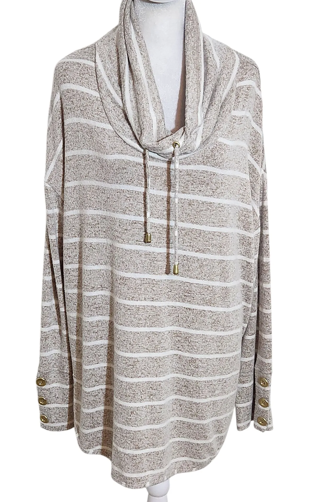 Ruby. Rd. Khaki and White Striped Cowl Neck Sweater Size XL Stripe Knit Sweater Tan - Image 1