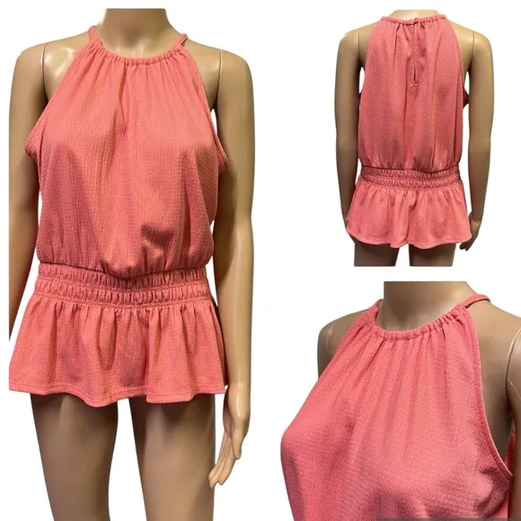 Nine West Peach Sleeveless Halter Keyhole Back Peplum Smocked Tank Top Blouse M - Image 2