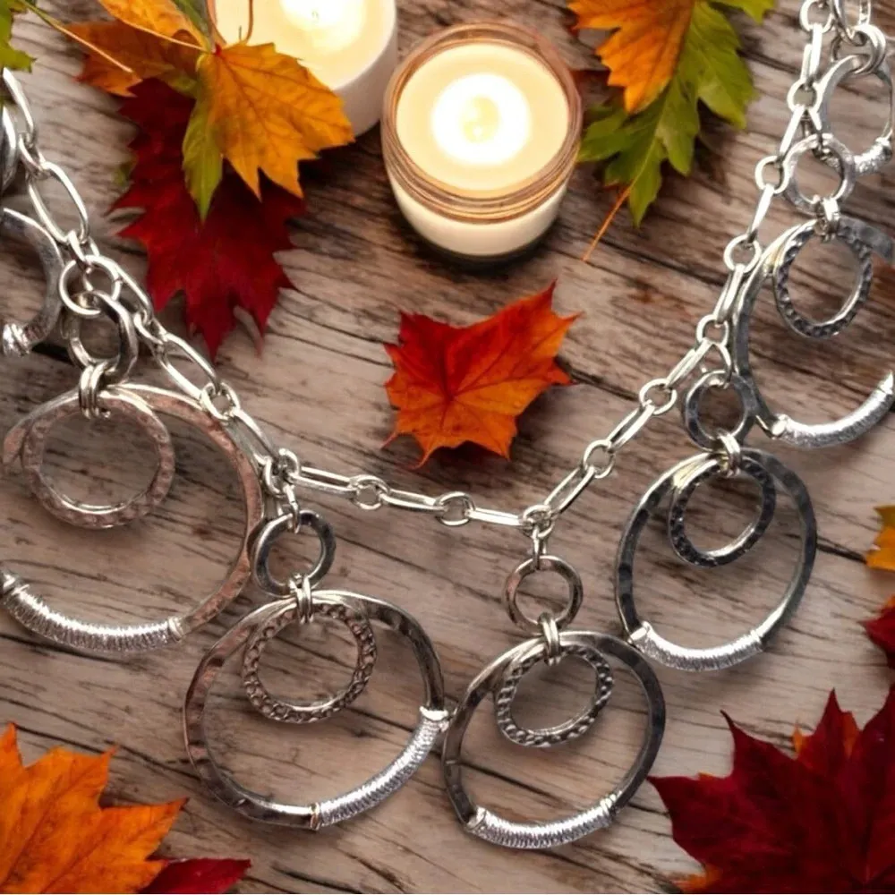 Wrapped Metal Layered Circles Statement Necklace - Boho Vintage Silver-Tone - Image 3