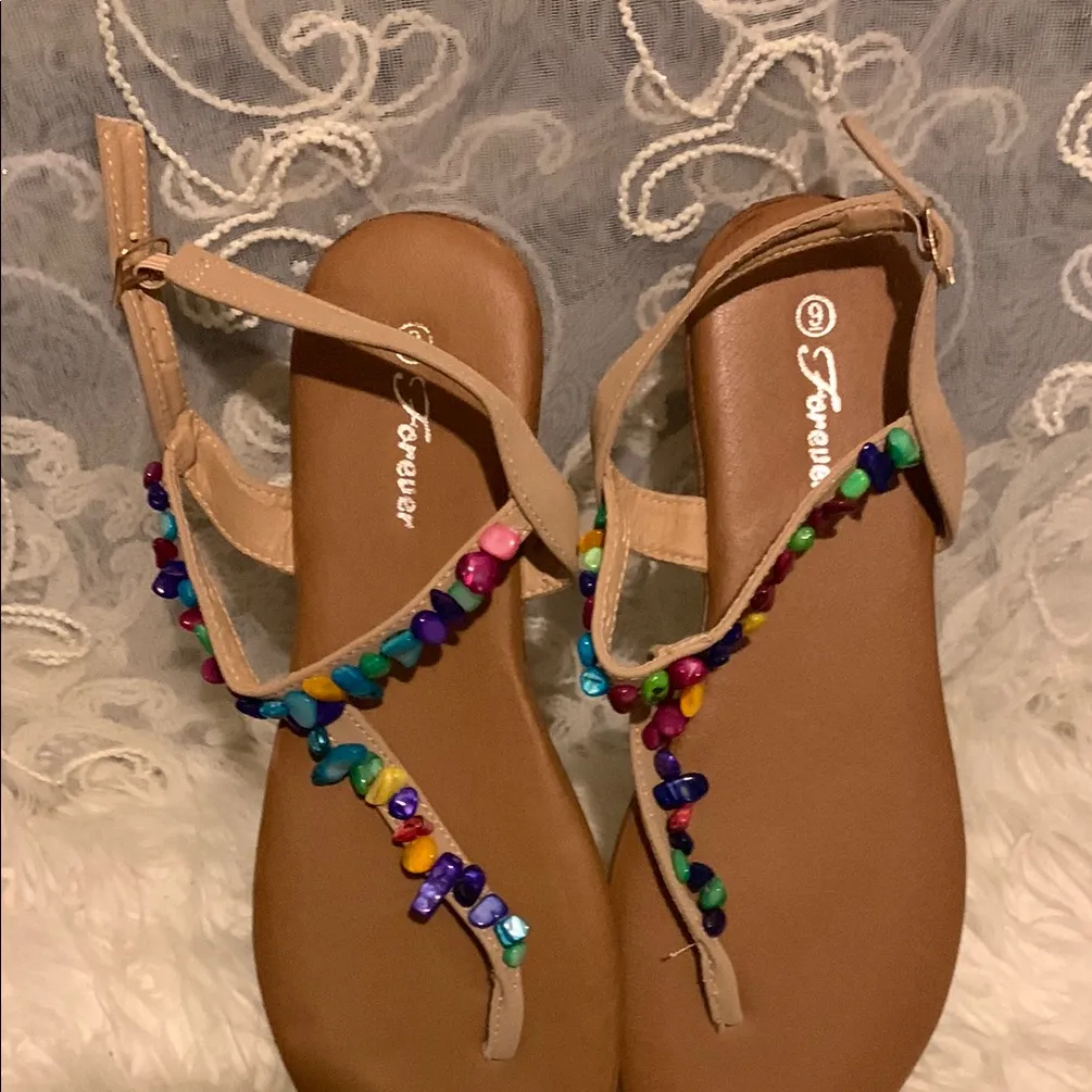 Forever 21 Tan Sandals with Beaded T-Strap - Image 3
