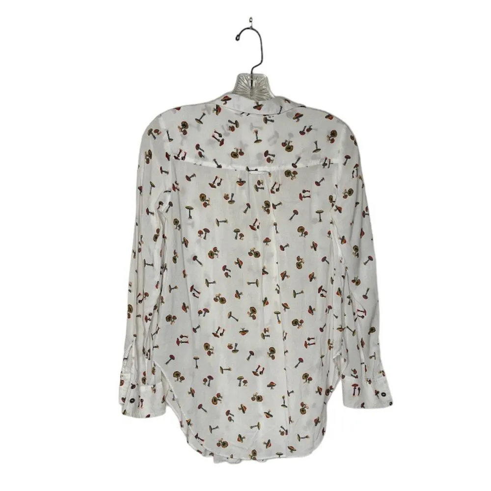 MAEVE Anthropologie White Shirt Mushroom Print Toggle Loop Closure Size XSmall - Image 5
