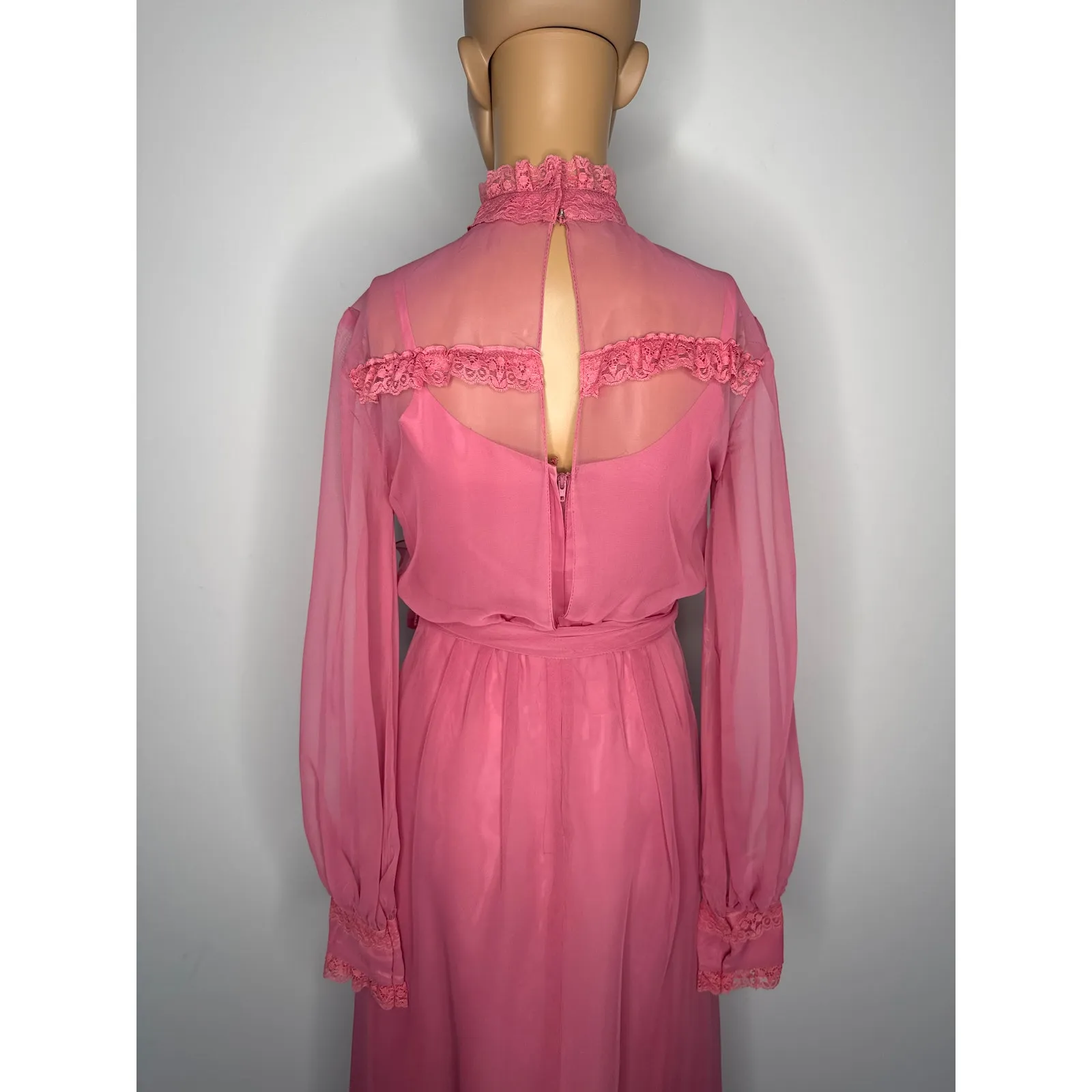 1970s Pink Chiffon Prairie Maxi High Neck Dress Lace Trim LGWD Canada XS - Image 10