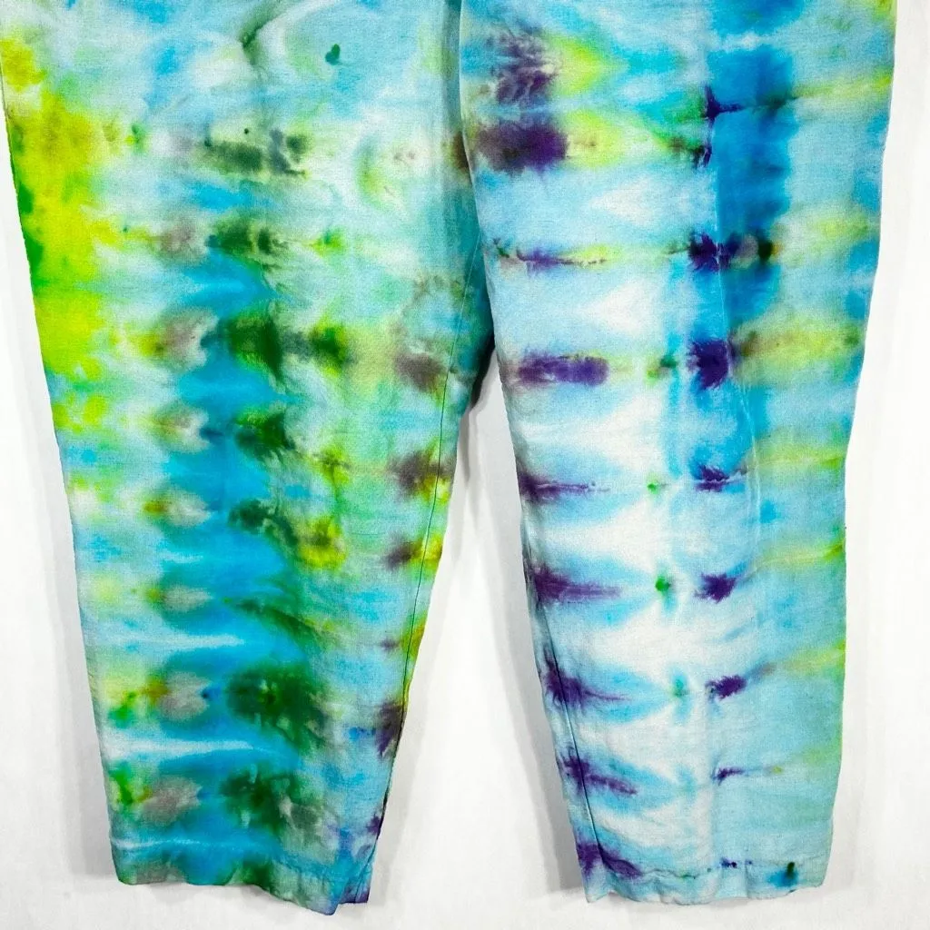 HM XL Pants Dreaming Blue Tie‎ Dye Handmade Blue Green Linen Cropped Pockets 689 - Image 5