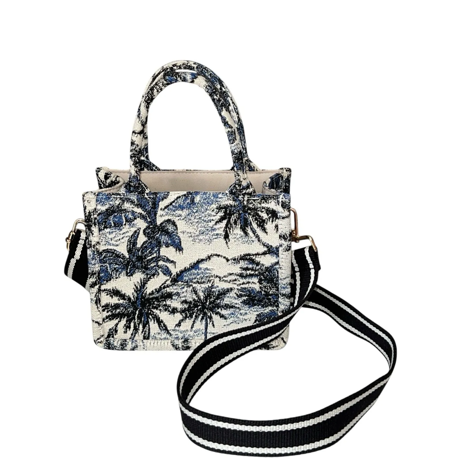 H&M Mini Tote Jacquard Tote Palm Tree Leaf Tropical Bag Crossbody Strap Blue EUC - Image 2