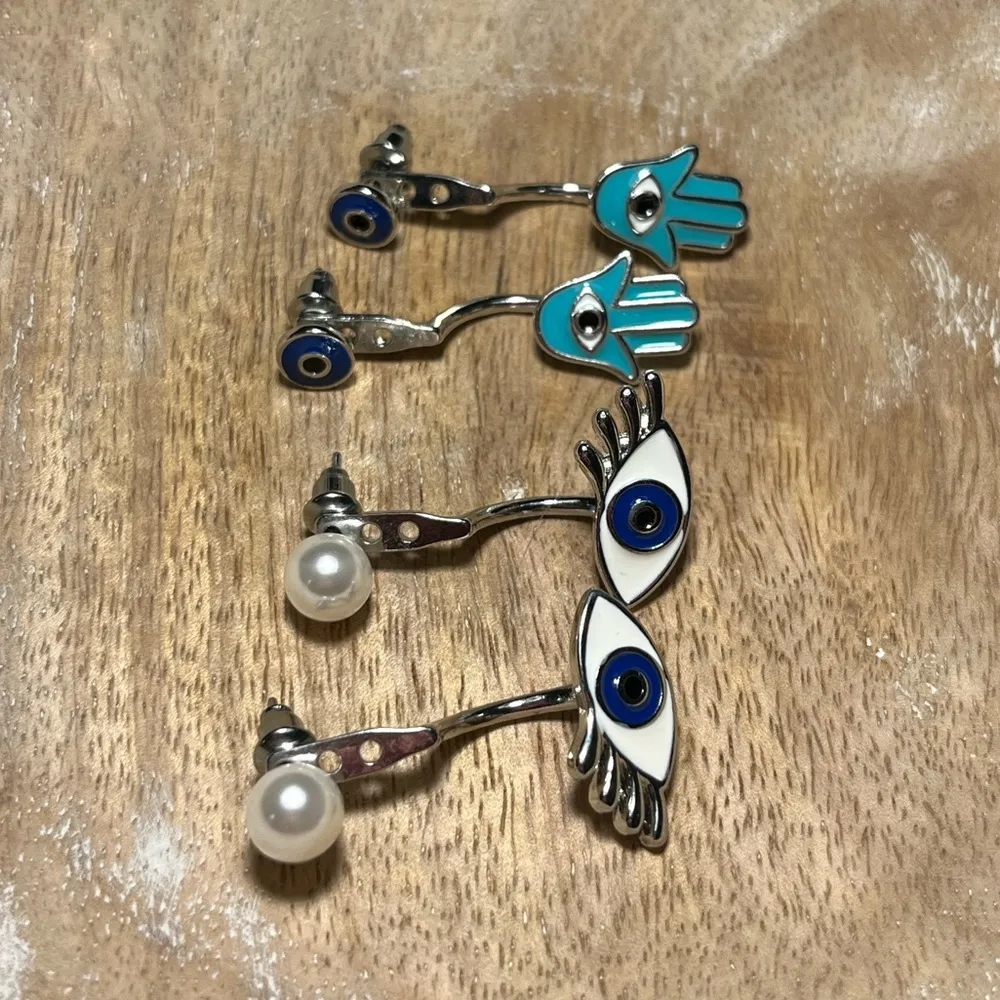 Hamsa & Evil Eye Silver Tone Jacket Earrings - Image 5