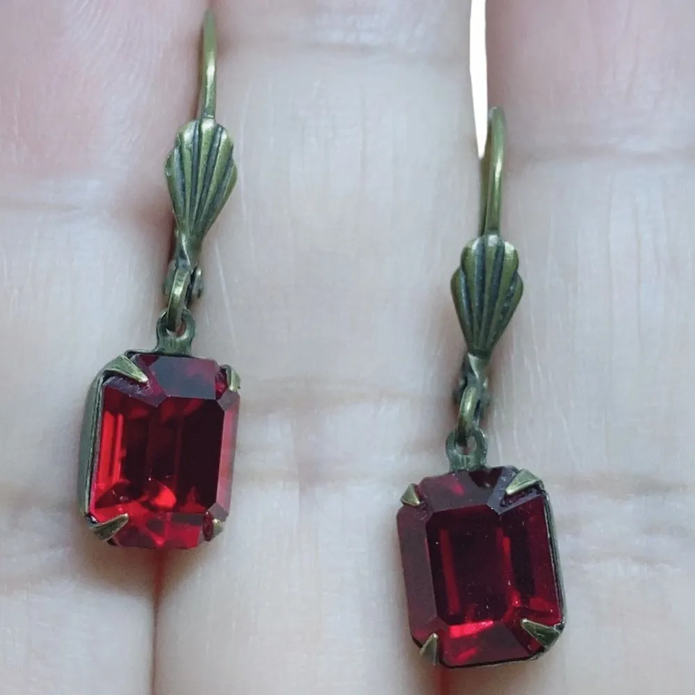 Bridal Dangling Leverback Earrings Simulated Red CZ? - Image 2