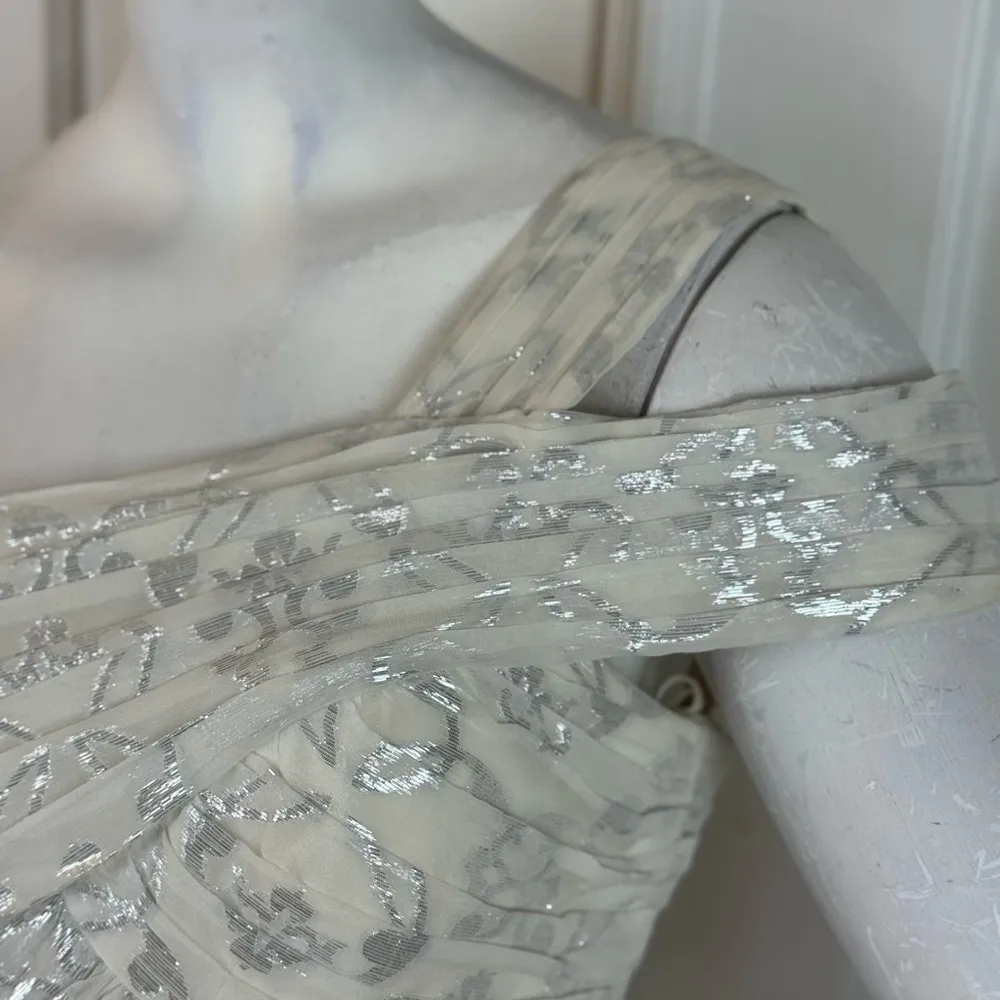 Nicole Miller Silk One Shoulder Dress Maxi 10 Long Foil Silver White Gown Size 2 - Image 11