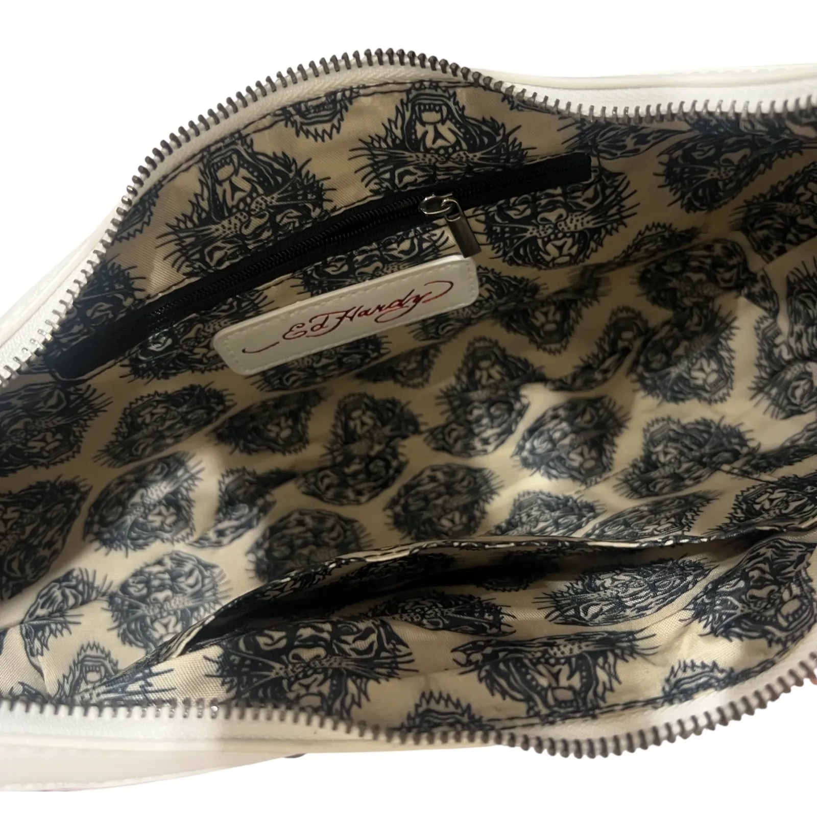 Ed Hardy White Skull Rose Tattoo Print Hobo Shoulder Bag Studded Punk Rock - Image 12