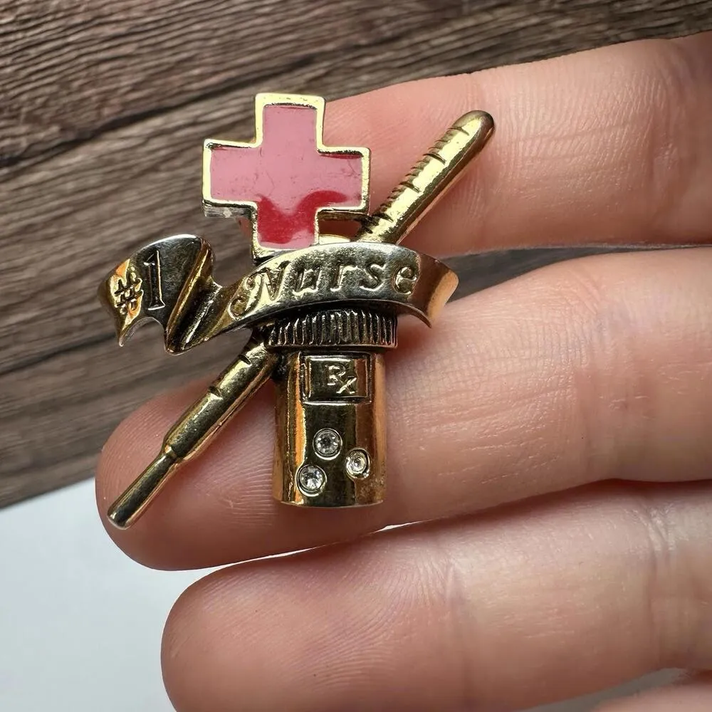 Avon #1 Nurse Lapel Tack Pin With Red Cross Pill Bottle & Thermometer Gold - Image 2