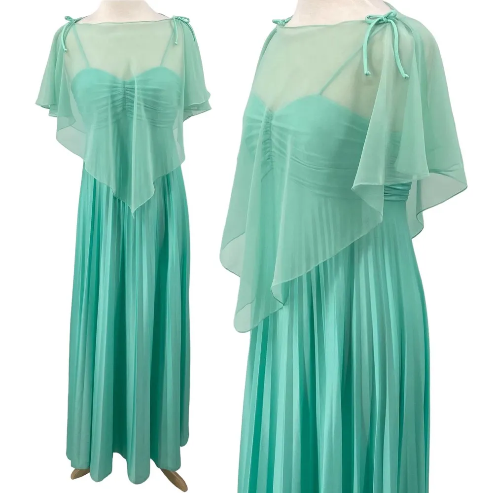 Vintage 70s Pleated Maxi Dress w Sheer Cape Mint Green Tie Spaghetti Strap Small - Image 3