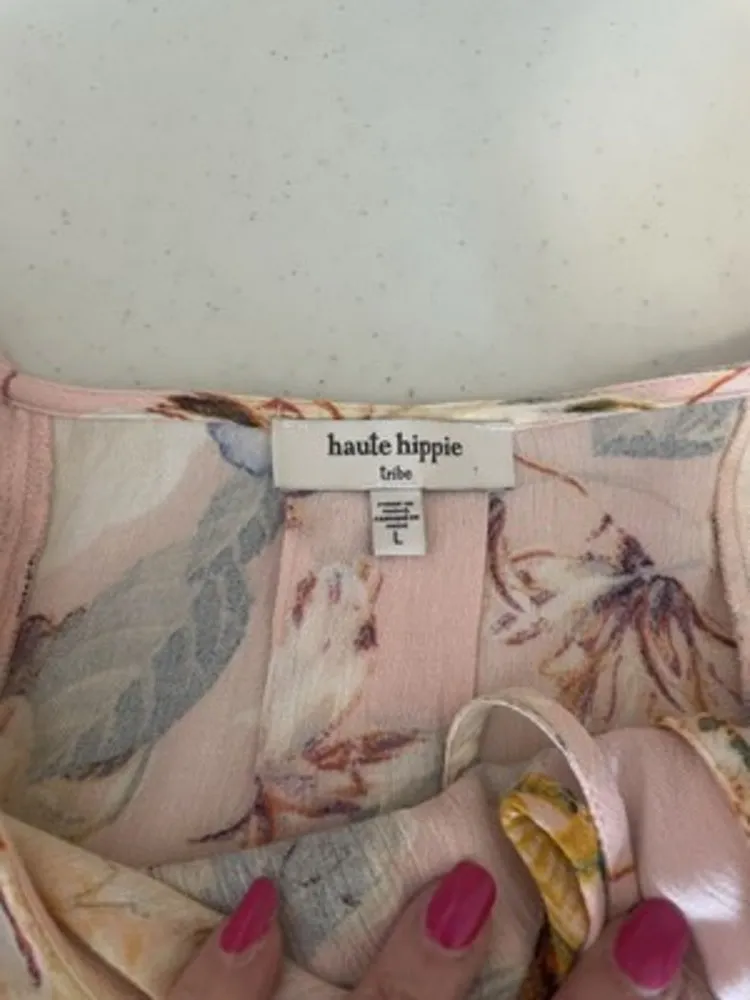 Haute Hippie Tribe Women’s Size L Pink Floral‎ Ruffle Top Boho Blouse Peasant - Image 9