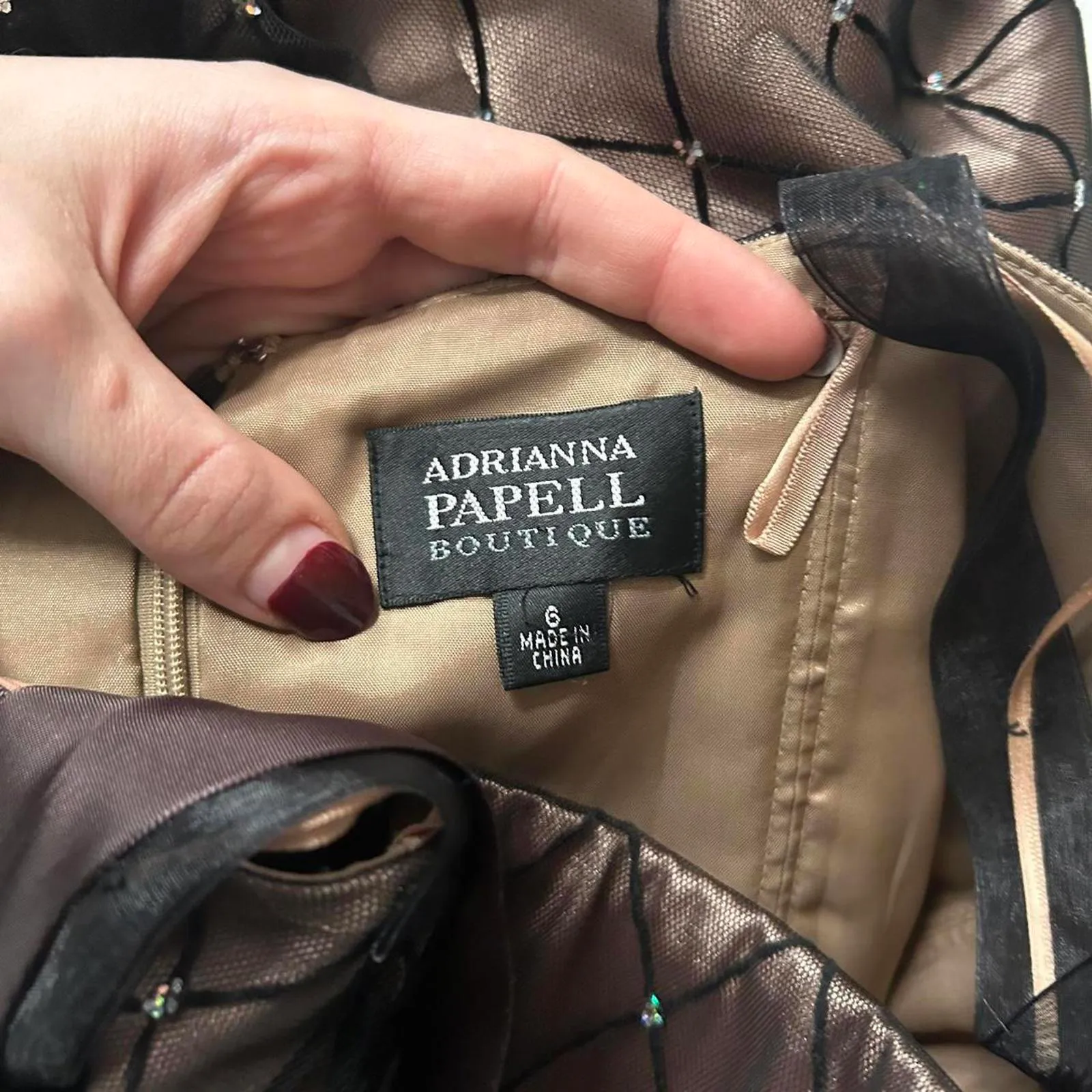 Adrianna Papell Brown black mesh diamond overlay dress bow and straps Size 6 - Image 2