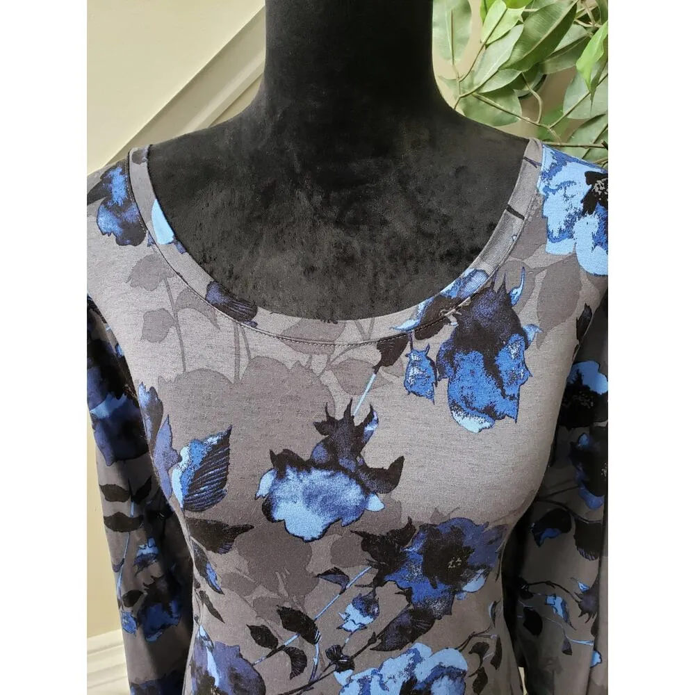 Cynthia Rowley Top Blouse Women 2X Gray Blue Floral Rayon Long Sleeve Round Neck - Image 7