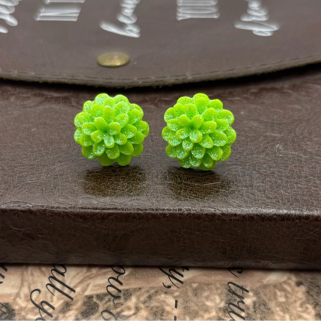 Green Mini Mum Flower Stud Earrings | New Floral Jewelry | Glitter Studs - Image 3