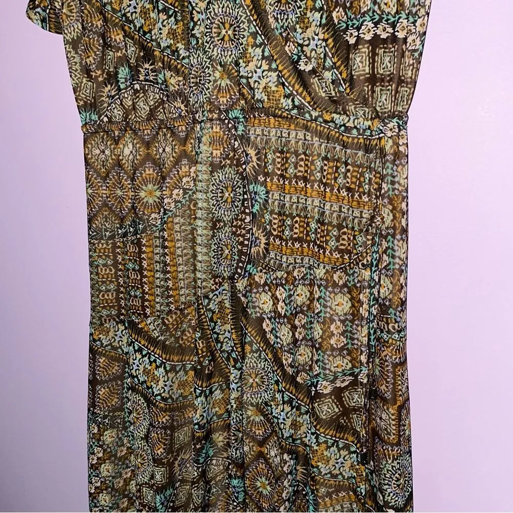 Susan Graver LP Dress Maxi Wrap V Neck Short Sleeve Brown Boho Print - Image 3