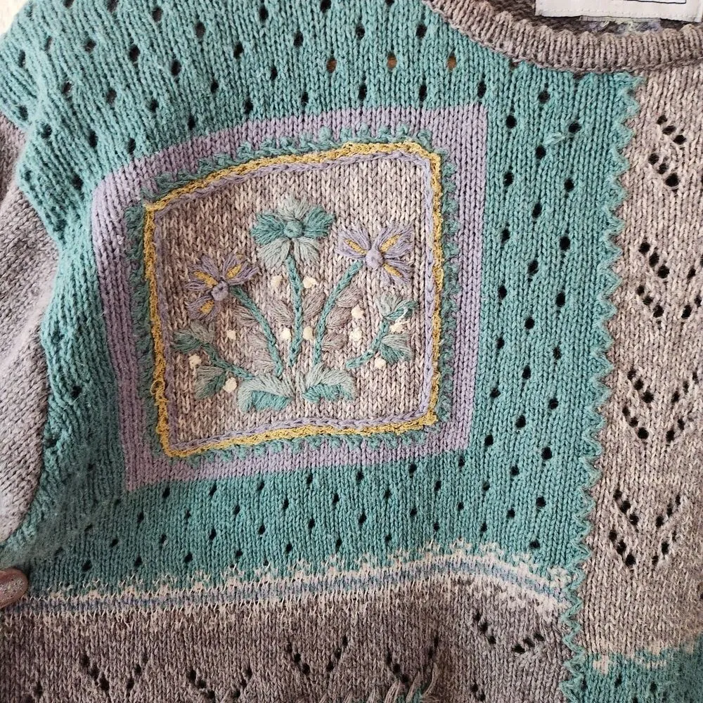 Vintage JANTZEN Floral Eyelet Hand Embroidered Sweater Women’s Size XL Cottage - Image 5