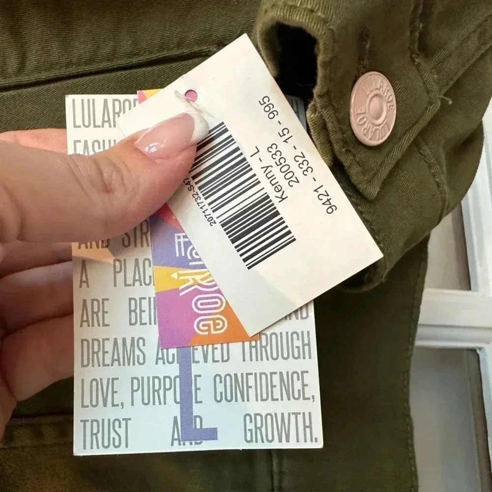 LuLaRoe Olive Green & Blush Pink Embroidered Roses Kenny Jean Jacket Size L NWT - Image 9