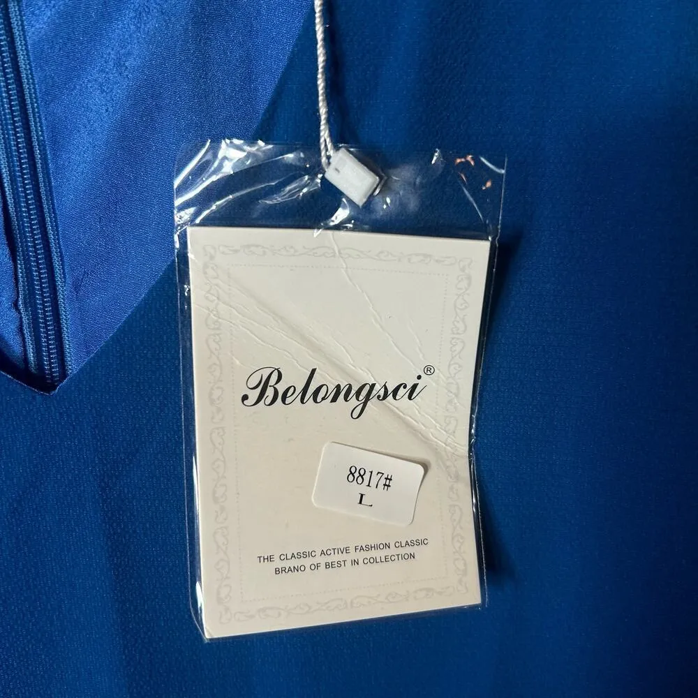Belongsci Dress Womens L Blue V‎ Neck Bell Sleeve Shift Mini Career Event NEW Size L - Image 4