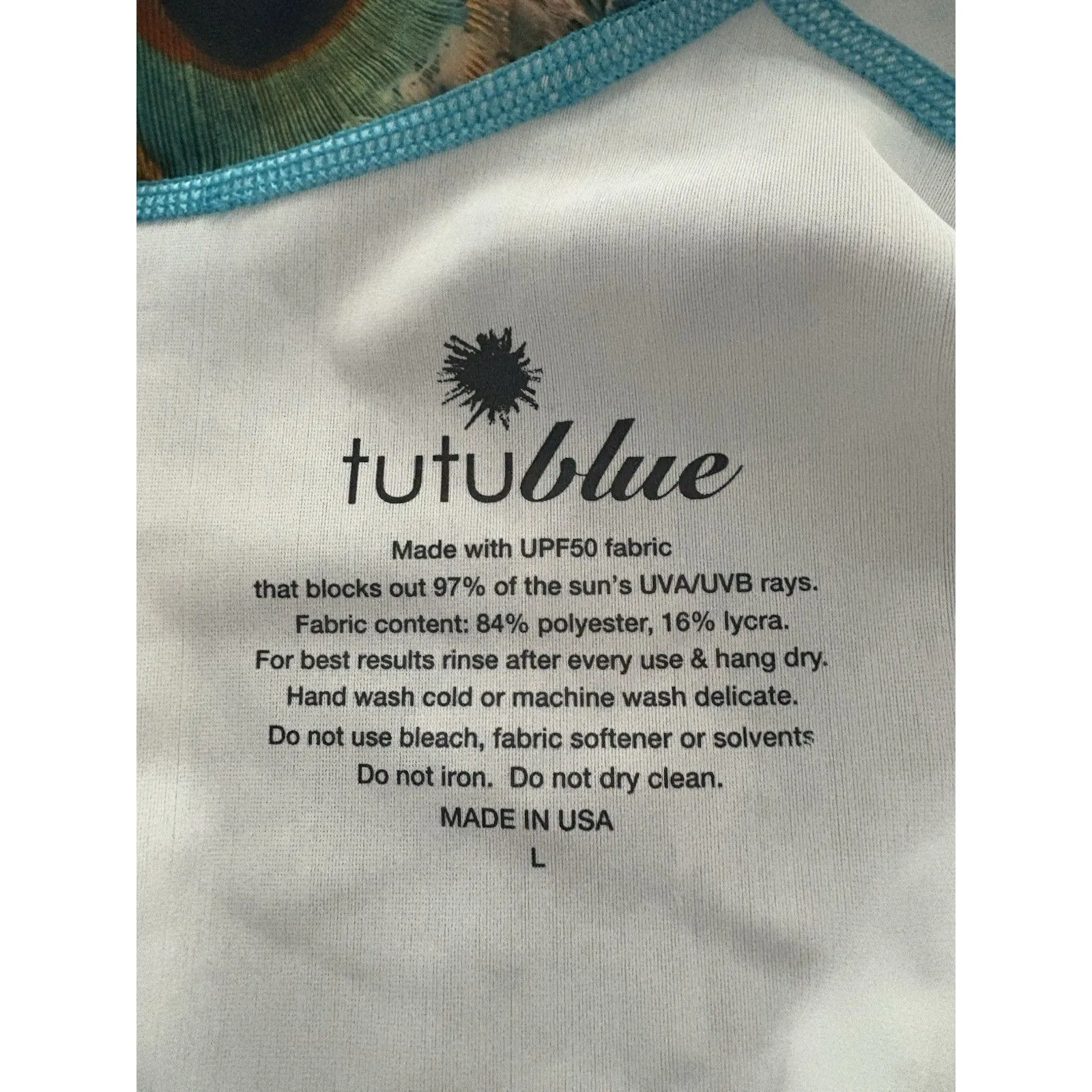 Tutu Blue Swimsuit Size L Peacock Shortie Sun Protection Rash Guard Long Sleeve Size L - Image 4