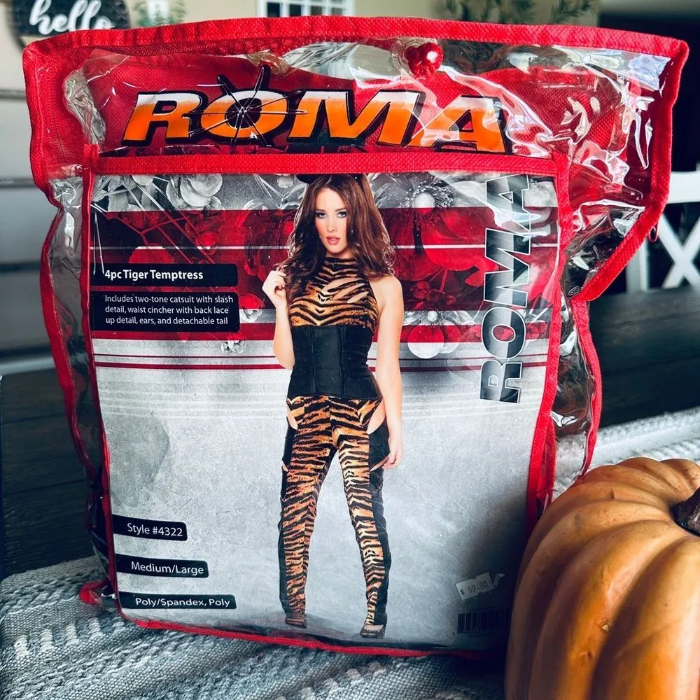 Roma Costumes 4 Pc Tiger Temptress Halter Jumpsuit Halloween Costume Size L - Image 3