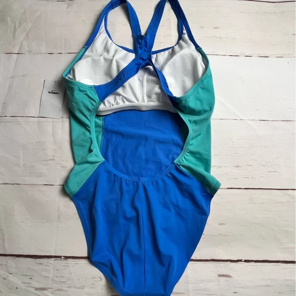 Nike Women's Athletic One Piece Swimsuit Blue and Green Cut Out Back Sz L - Image 13