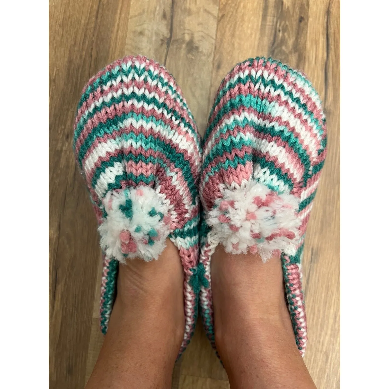 NEW Handmade Knit Slippers Pom Pom Striped Pink Green‎ White Cozy House Shoes 9" Size 7 - Image 2