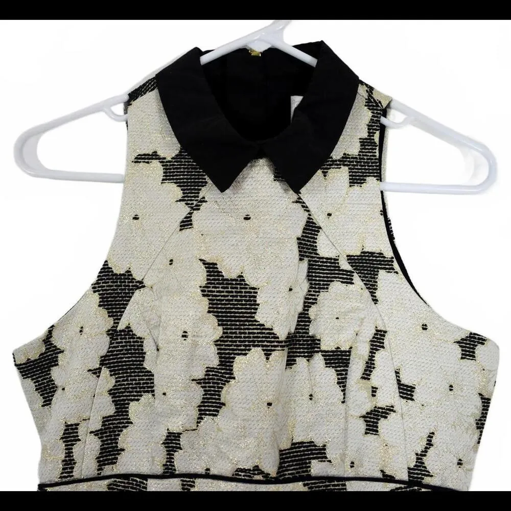 Jacquard Metallic Shift Floral Print Black Collar Mini Dress 6 - Image 6