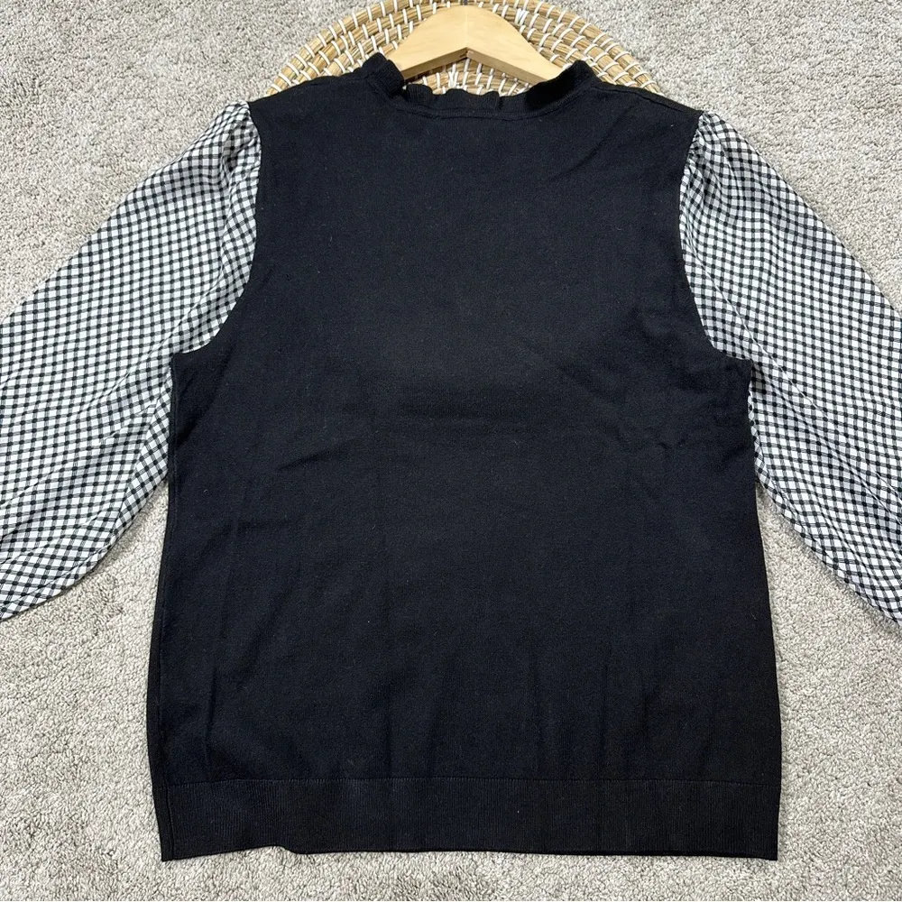 Adrianna Papell Sweater Blouse 3/4 Balloon Sleeve Gingham Ruffle Neck in Black M - Image 7