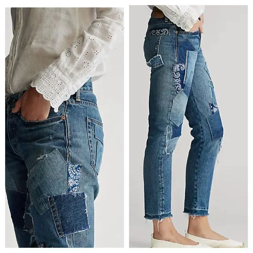 RARE** Polo Ralph Lauren Avery Indigo Patchwork Distressed Boyfriend Jean Sz 28 Blue - Image 3