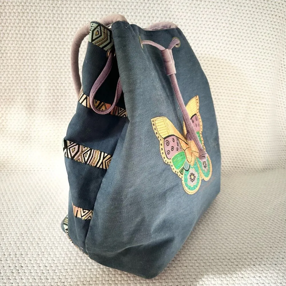 Laurel Burch Blue Denim Purple Drawstring Pull Handpainted Butterfly Backpack - Image 5