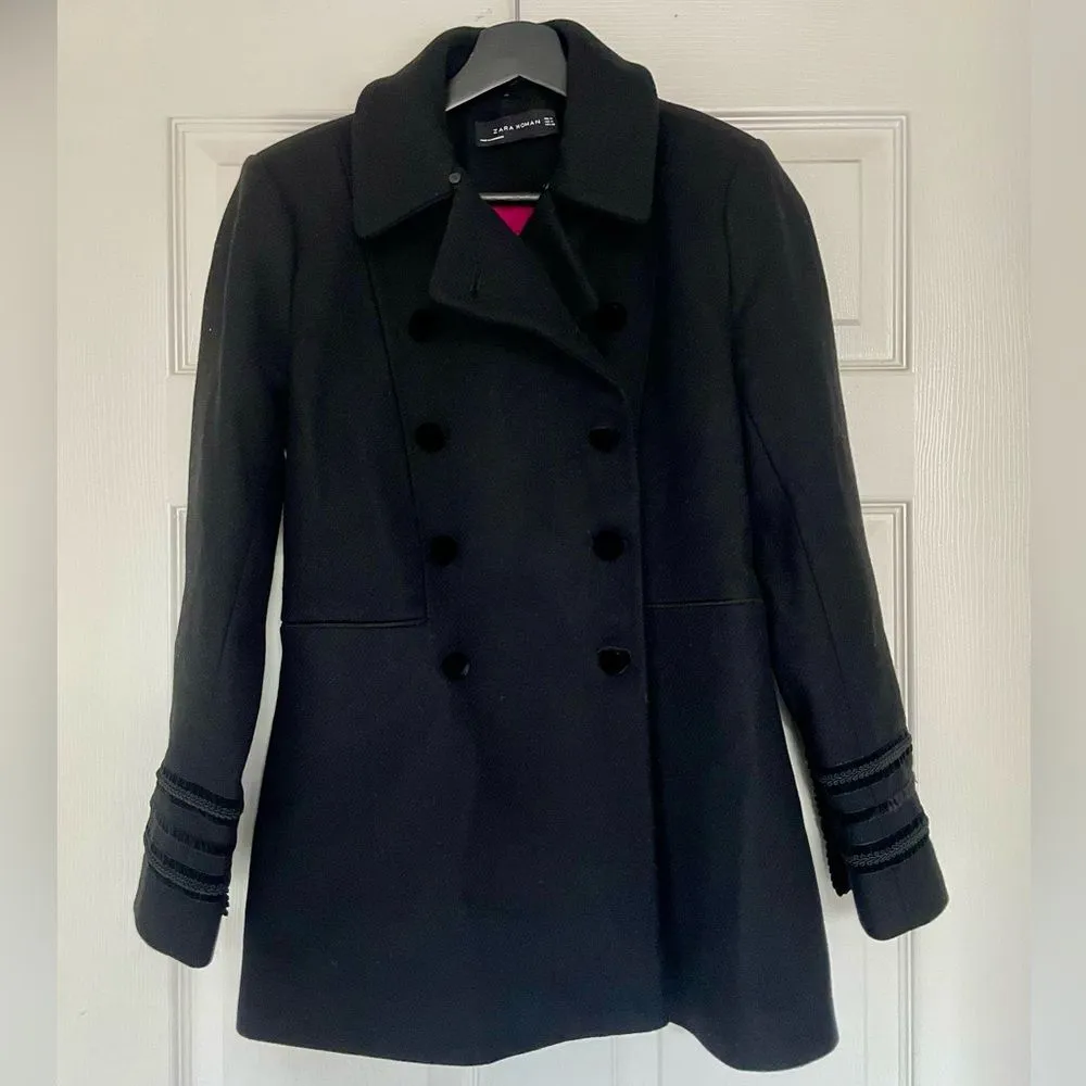 Zara Woman Black Wool-Blend Double-Breasted Military Peacoat w/ Sleeve Detailing - Image 4
