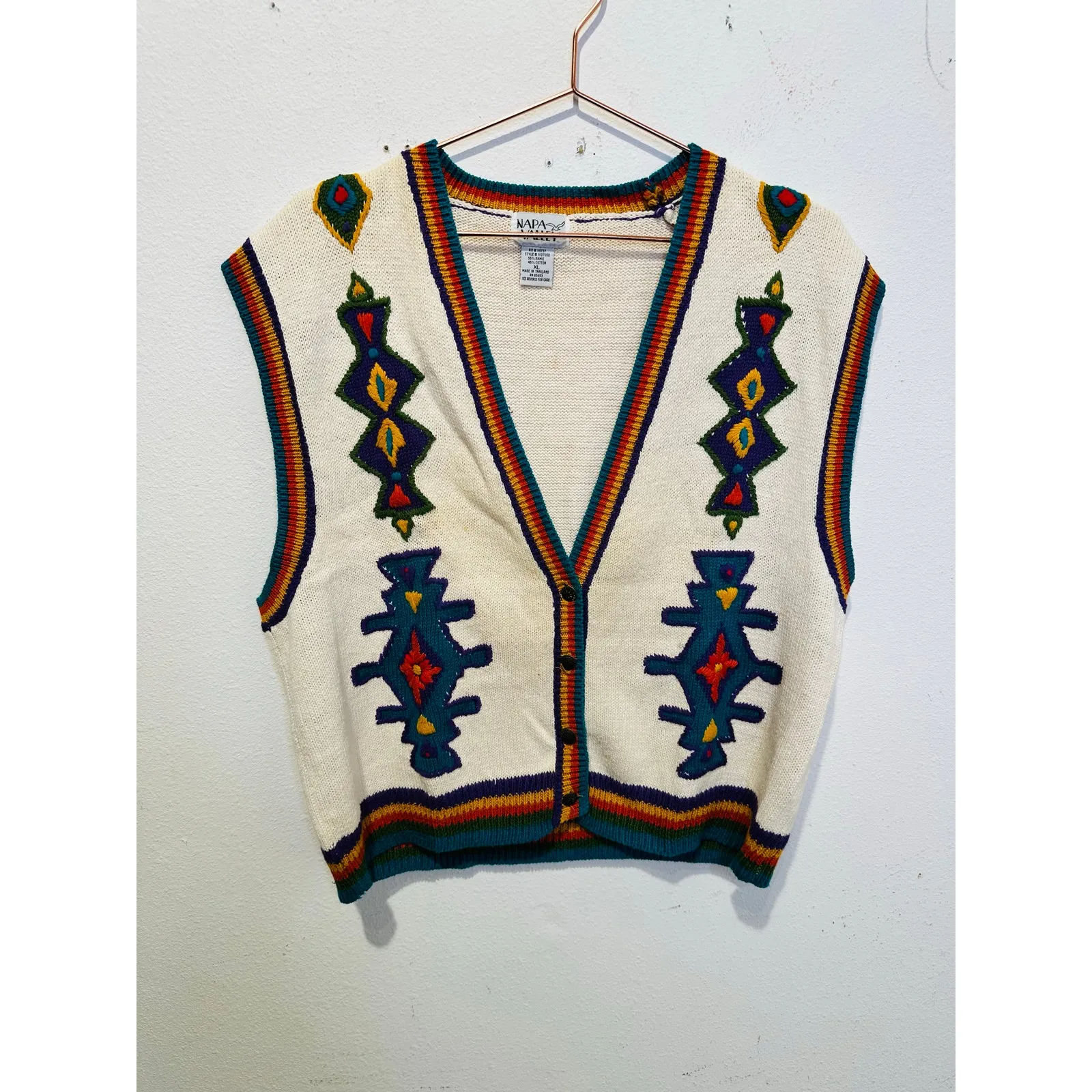 Vintage Napa Valley Rainbow Aztec Copper Button Sweater Vest Size Extra Large - Image 9