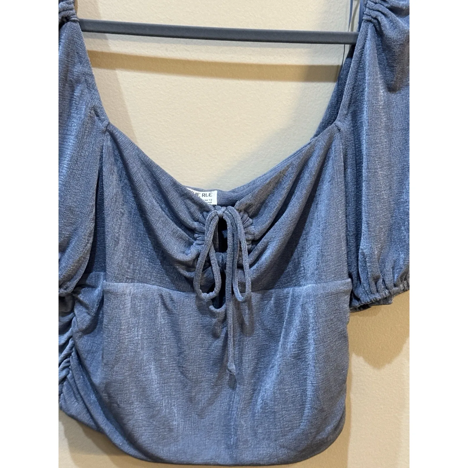 Sophie Rue M Slinky‎ Front Tie Blouse Blue Dust Size Xl Peasant Cropped Puff - Image 4
