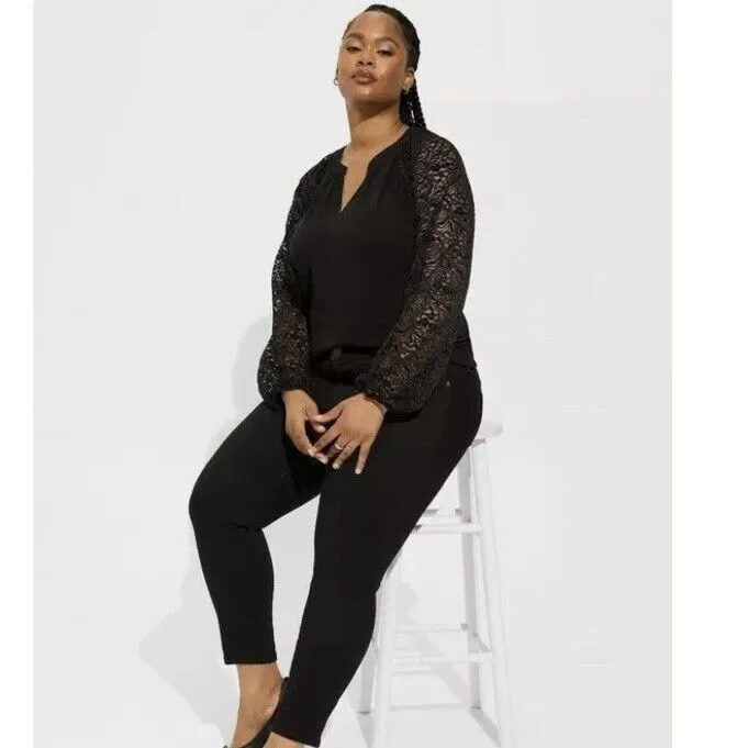 Torrid  Black Washable Crinkle Gauze Lace Bishop Sleeve Blouse‎ Size 2X - Image 2