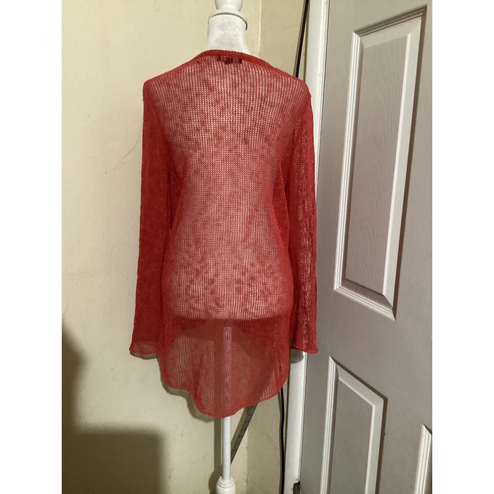 Eileen Fisher Open Knit V Neck Long Sleeve Linen Blend Sweater Coral Size S - Image 3