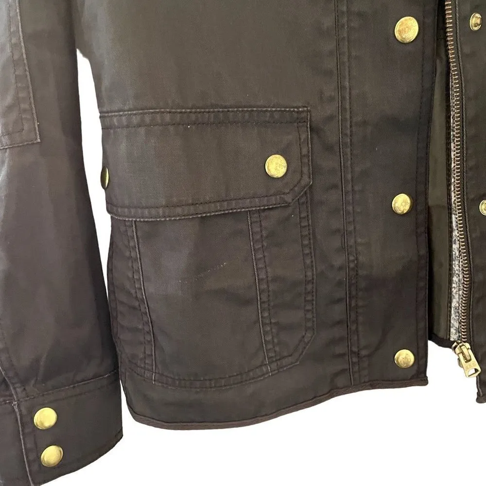 J.Crew green army jacket jean material dark green camo pockets button detail - Image 4