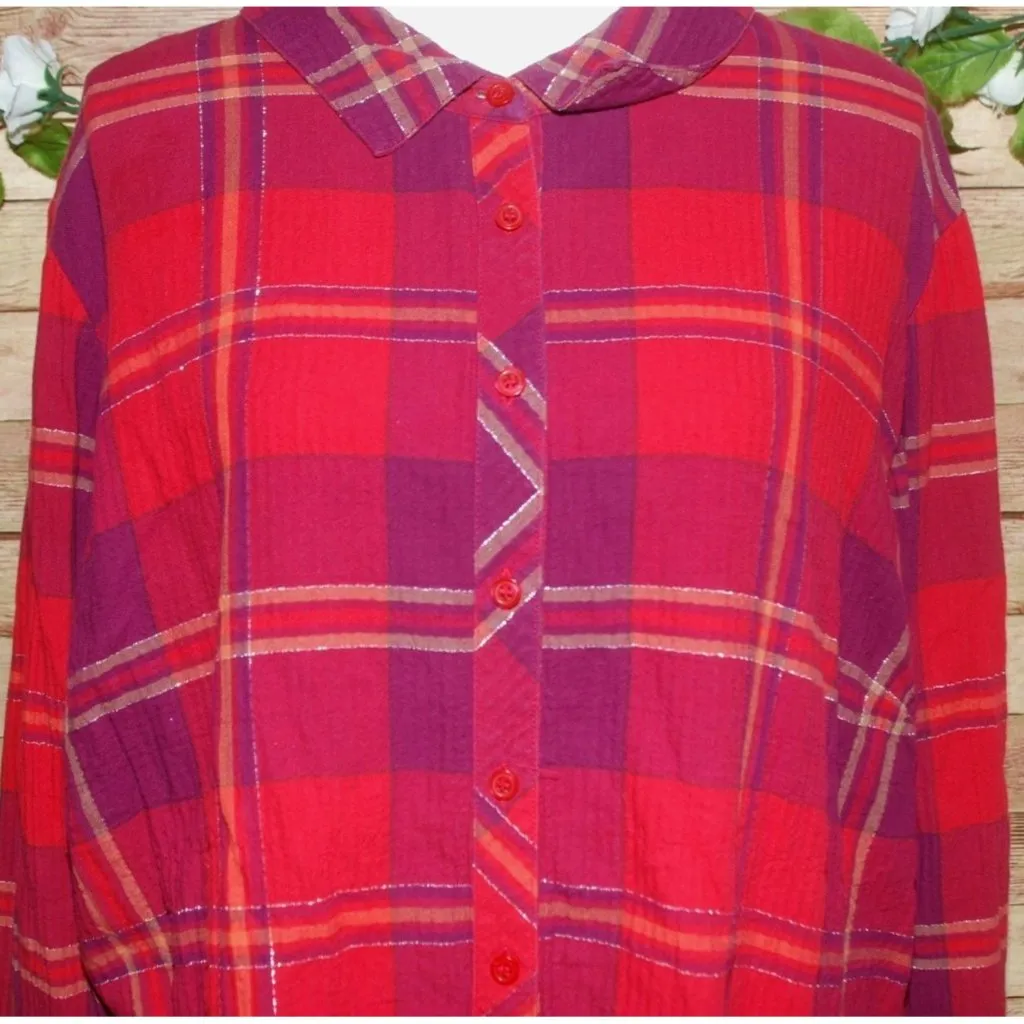 Catherines Red Plaid Metallic Button Front Shirt Blouse Size 2X 22W 24W Petite - Image 2