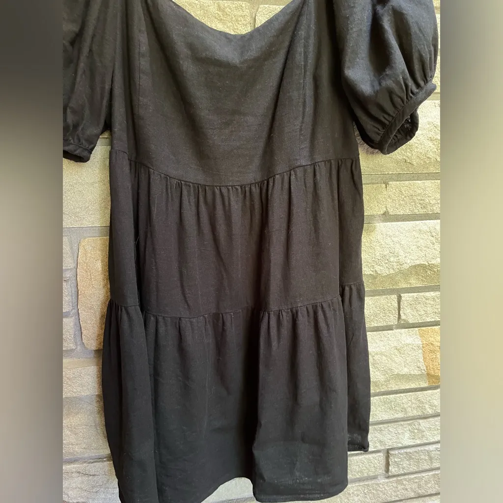 House of Harlow 1960 Black Linen Puff Sleeve Dress Square neck Black Large - Image 5