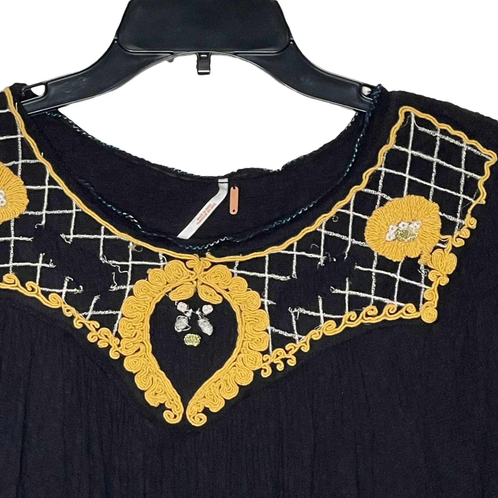 Free People Womens Top Size XS Black Yellow Floral Blouse‎ Cotton Linen Blend - Image 2