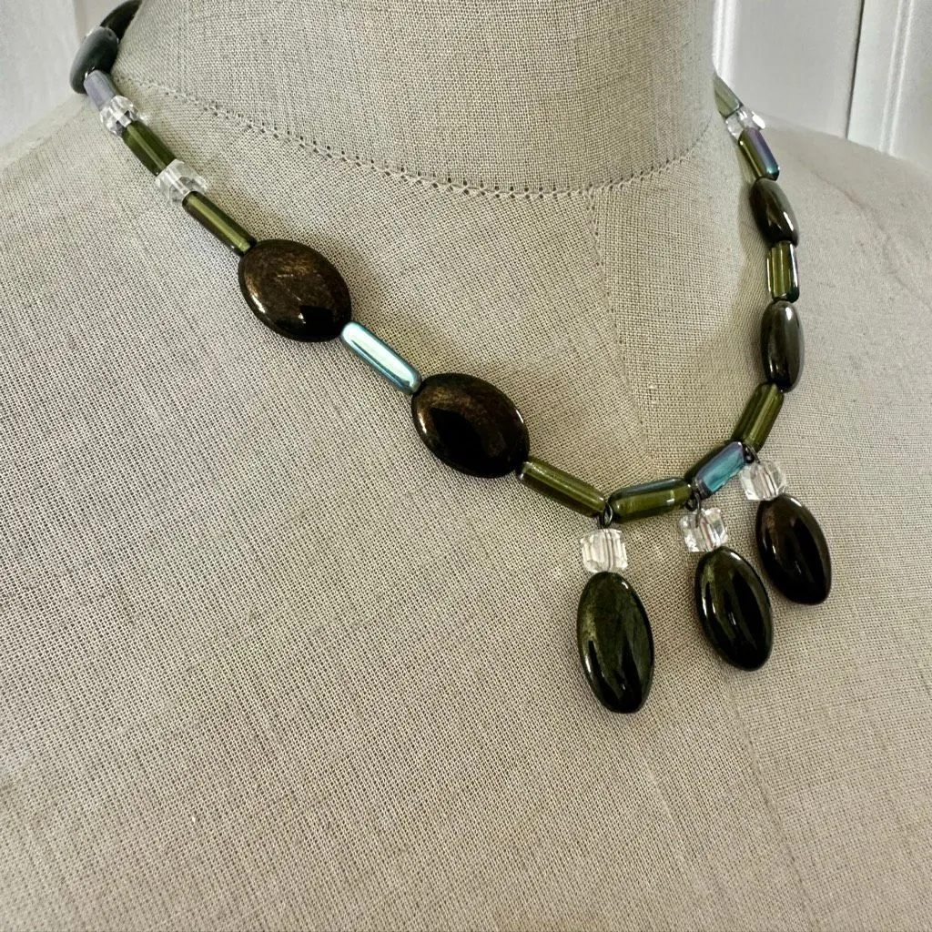 Olive Green Art Glass & Crystal Drop Necklace - Image 2