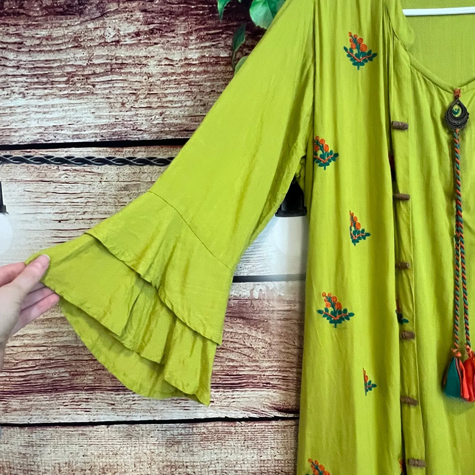 Neerus Green Embroidered A Line Kurta w/ Jacket Maxi Bell Sleeve Womens XXL 2XL - Image 7