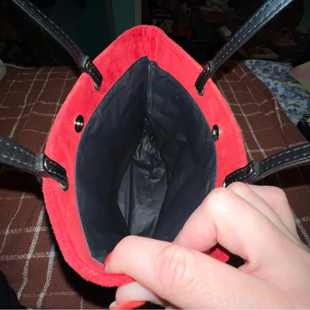 Small Red Suede Bucket Bag - Image 4