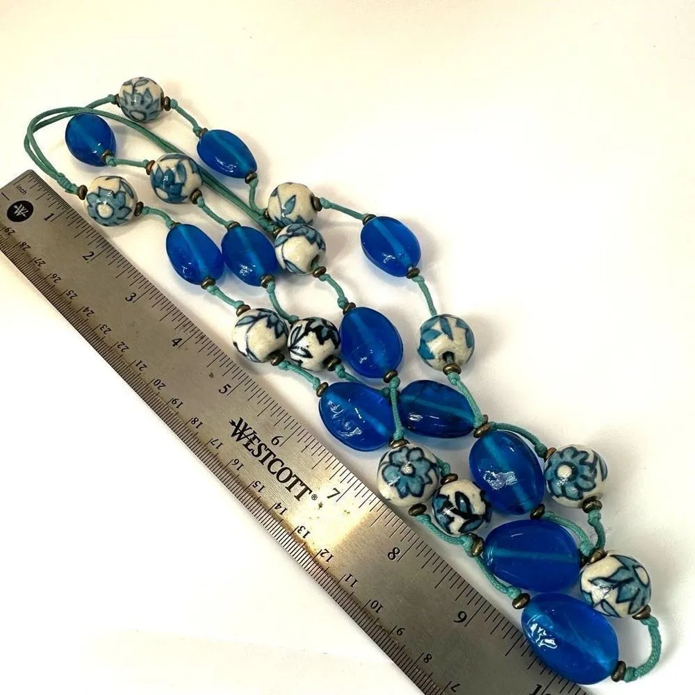 Blue hand painted beaded long necklace on cord - Image 6